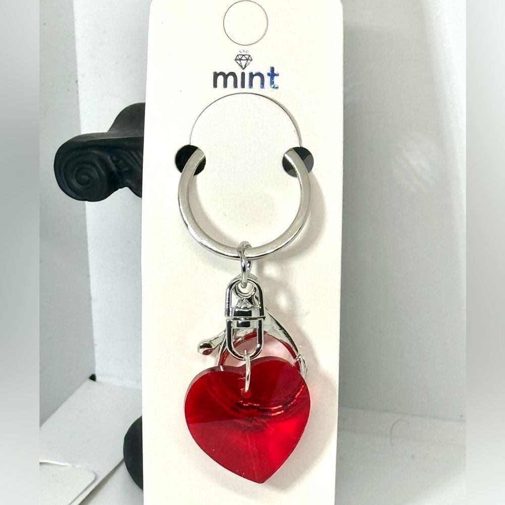 Red Crystal Heart Keychain Charm -  Silver Accent